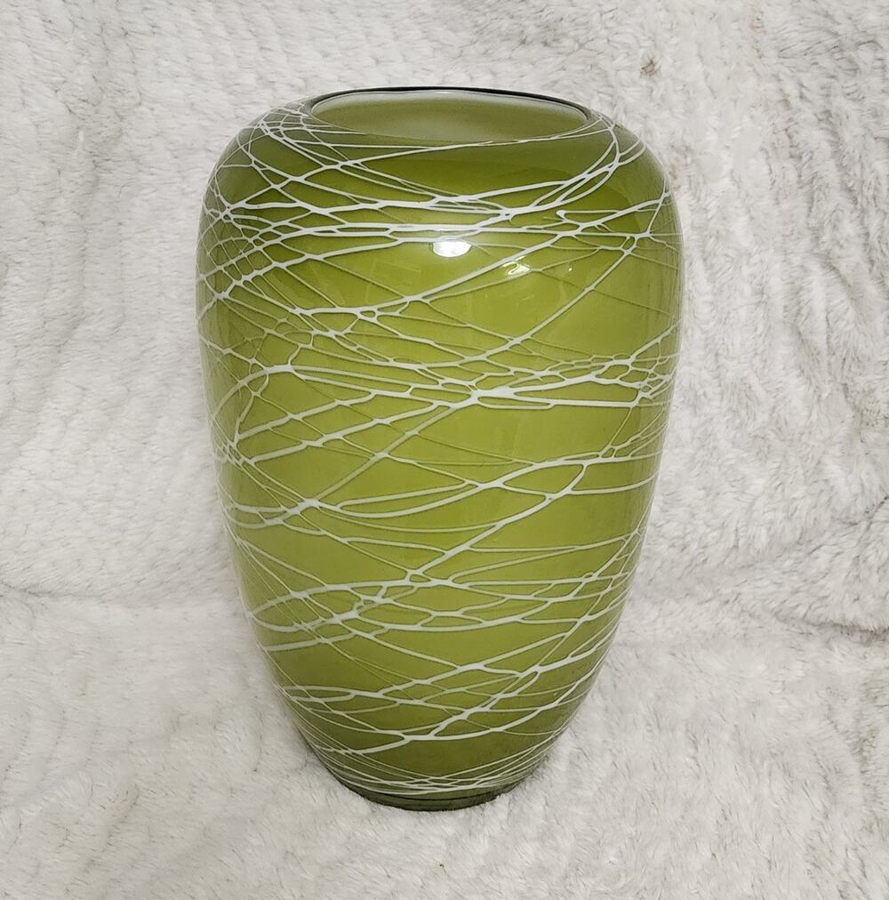 Murano-Style Blown Glass Vase – Lime Green/Chartreuse with White Threads